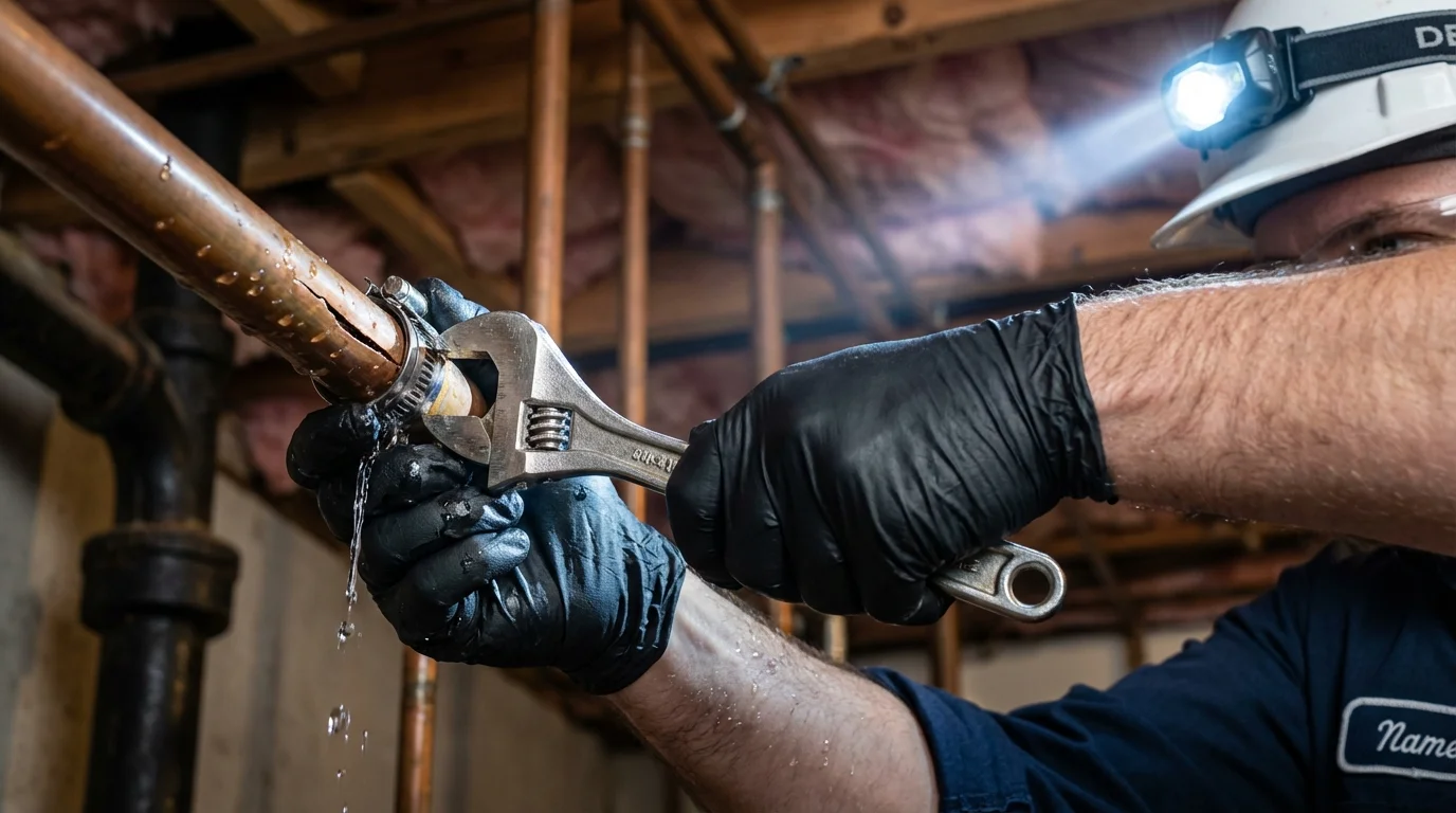 Emergency pipe clamp repair being performed by a Johns Plumbing LLC plumber in Palmetto