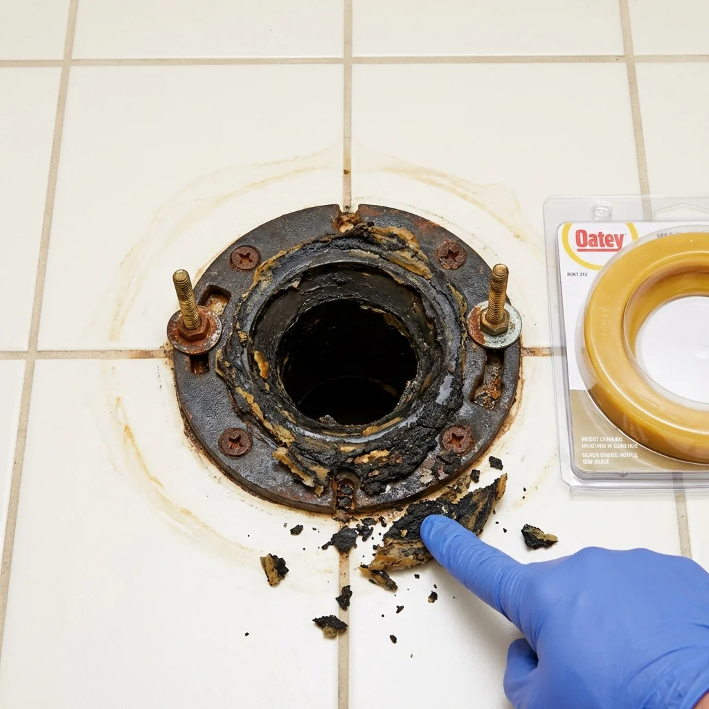Failed wax ring showing water seepage at the base of a toilet in a Palmetto, FL home